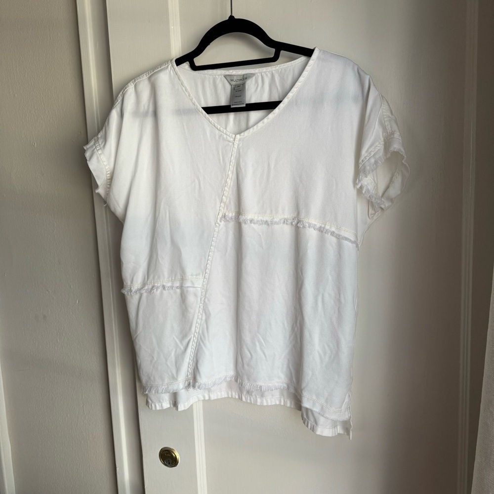 Multiples frayed detail white top